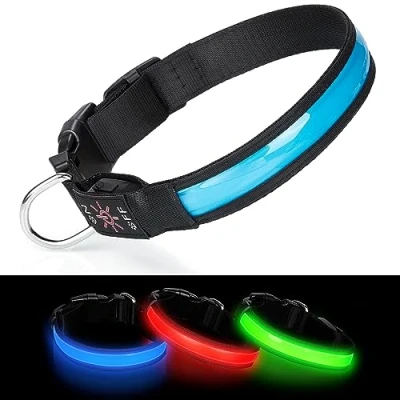 Image of Benxdara Light Up Dog Collar USB Rechargeable, Adjustable LED with 3 Lighting Modes for Small Medium Large Dogs Walking the Dark Safely Blue M