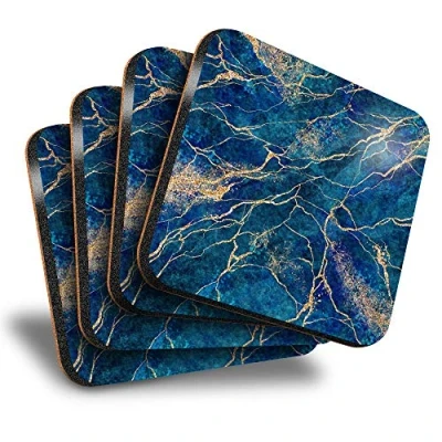 Image of Destination Vinyl ltd Great Coasters (Set of 4) Square Navy Blue Marble Stone Effect Drink Glossy Coasters/Tabletop Protection for Any Table Type #21087