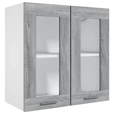 Image of vidaXL Modern Grey Sonoma Hanging Glass Cabinet in Engineered Wood Wall Mounted, Compact Kitchen Storage, 2 Shelves/2 Doors