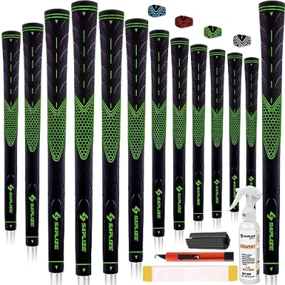 Image of SAPLIZE Golf Grips Set of 13 with Complete Regripping Kit, Midsize, Rubber Club Grips, Green