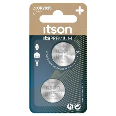 Image of ITSON, CR2025 battery, 3V, coin lithium pack of 2, best for car keys, watches and heart rate monitors