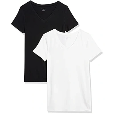 Image of Amazon Essentials Women&#039;s Classic Fit Short Sleeve V Neck T Shirt, Pack of 2, Black/White, XL