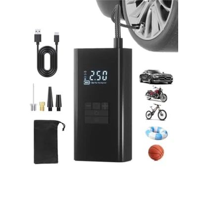 Image of Tyre Inflator Air Compressor, Portable Electric Bike Pump 150PSI Auto Off Rechargeable Car with LED Light, Smart Digital 4 Nozzle for Car/Ball/Bike/Motorcycle