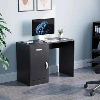 Image of Vida Designs Hudson Computer Desk with Drawer and Door, Home Office PC/Laptop Table, Gaming Study Workstation Storage Cupboard Furniture, Black