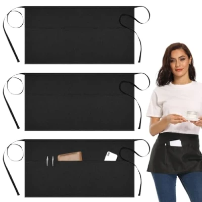 Image of Asheyya 3 Pack Waitress Apron with Pockets, Anti Dirt Black Waist for Home Kitchen Restaurant Work Chef Waiter Cooking Baking