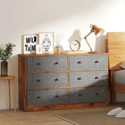 Image of Chest of Drawers, 6 Drawer Dresser for Bedroom, Grey and Rustic Brown Homcom