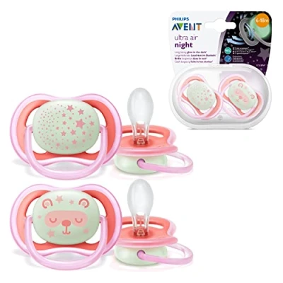 Image of Philips Avent Soothers, 6 18m Ultra Air Night Soother with Glow in the Dark Button, Star/Bear Design, Pink (Pack of 2) SCF376/22