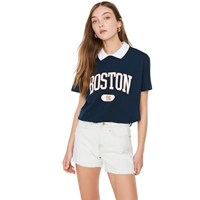 Image of Trendyol Women Semi fit Basic Polo Neck Knit T Shirt Navy Blue