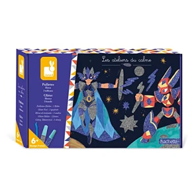Image of Janod Superheroes Glitter Set Les Ateliers du Calme Children’s Arts &amp; Crafts Kit 3 Pictures to be Decorated Mastering Fine Motor Skills Concentration 6 Years +, J07920