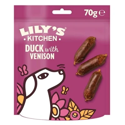 Image of Lily’s Kitchen Made with Natural Ingredients Adult Dog Treats Packet Scrumptious Duck Venison Sausages Grain Free Recipes 8 x 70g