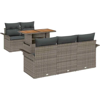 Image of vidaXL 6 Piece Garden Sofa Set with Cushions Grey Poly Rattan Acacia