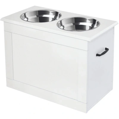 Image of PawHut Raised Dog Bowls, Pet Feeding Storage Station with Two Stainless Steel Base, for Large Dogs, White