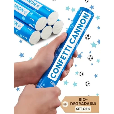 Image of 5 Confetti Cannons Blue for Boy&#039;s Birthday with Football and Stars Biodegradable FSC® Easy &amp; Safe to Use
