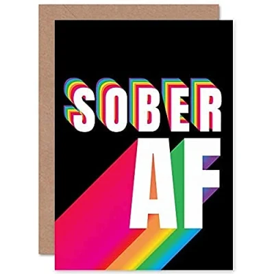Image of Wee Blue Coo Sober AF Rainbow Typography Black Sealed Greeting Card Plus Envelope Blank inside