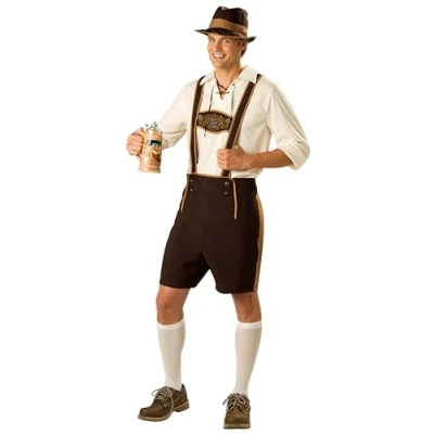 Image of InCharacter German Bavarian Mens Fancy Dress Oktoberfest Lederhosen Adults Costume, XL 46 48&quot; Chest,Brown,tan