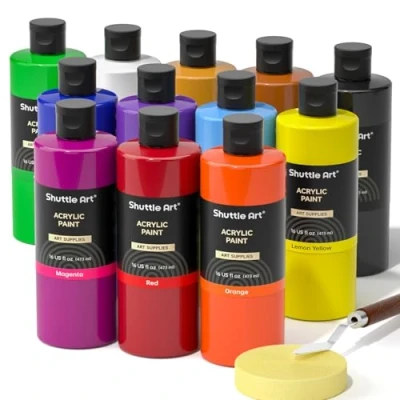 Image of Shuttle Art Acrylic Paint Set, 12 Colours Bottle Set (473ml/16oz), Rich Pigmented Paints, Bulk Painting Supplies for Artists, Beginners Kids on Rocks Crafts Canvas Wood Ceramic