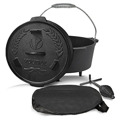 Image of VOUNOT Dutch Oven 4.25 Liters, Pre Seasoned Cast Iron Pot with Carry Bag, Feet, Lid Lifter, Spiral Handle and Slot for Thermometer, Camping, Cooking Baking