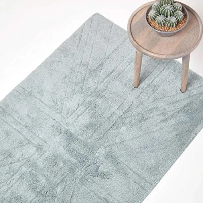 Image of HOMESCAPES 100% Cotton Washable Tufted Rug Union Jack Plain Embossed Mat Silver Grey 50 x 80 cm Bath or Interior