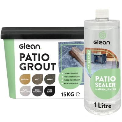 Image of GLEAN Patio Grout BASALT 15kg + Sealer Natural Finish 1 Litre Jointing Compound Brush In For Paving Patios &amp; Block Water Based