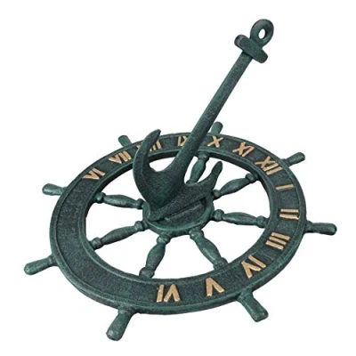 Image of Quay GREEN CAST IRON SUNDIAL in the Shape of a Ships Wheel with Anchor Great Nautical Garden Decor