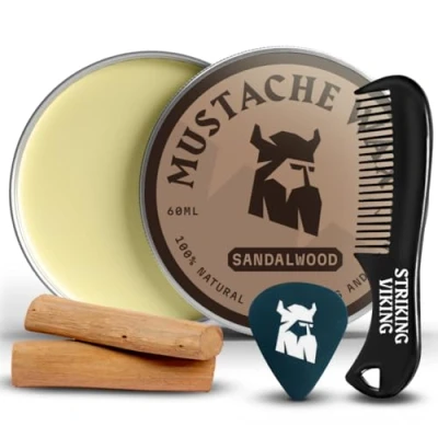 Image of Striking Viking Mustache Wax and Comb Kit Beard Moustache for Men with Strong Hold Natural Beeswax Helps Tame, Style, Groom (2 ounce) Oz, Sandalwood)