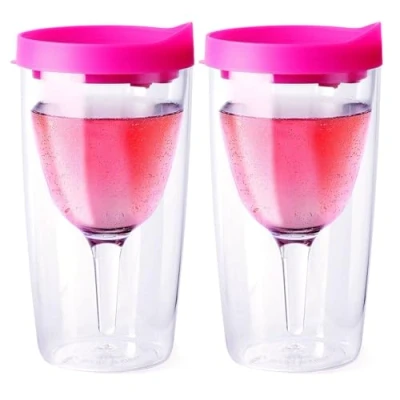 Image of Vino2Go Double Wall Acrylic Tumbler with Pink Lids, 10 oz, Pack of 2