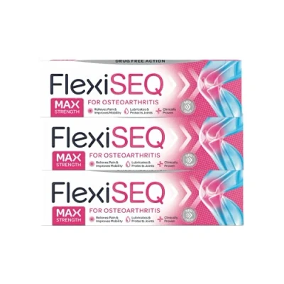 Image of FlexiSEQ 50g Max Strength Gel, 3 Pack, Topical Gel for Joint Pain Relief, Drug Free, Knees, HIPS, Feet, Hands etc