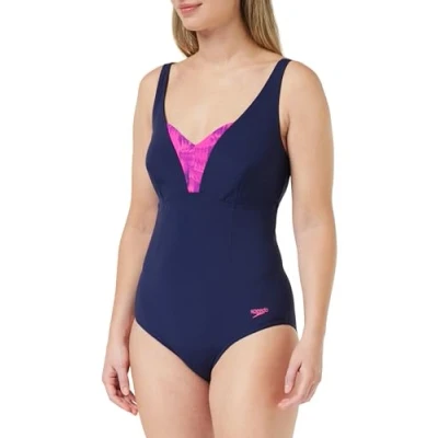 Image of Speedo Women&#039;s Shaping Printed OpusGem DD+ 1 Piece Swimsuit Shapewear Beach and Holiday Swimwear, Black/Pure Blue/Bloominous Pink/Cupid Coral, 32