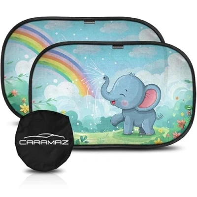 Image of Car Window Shades for Baby with Certified UV Protection Optimal Darkness Suction Cups in Universal Size 51 x 31 cm Elephant Design Pack of 2