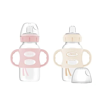 Image of Dr. Brown’s Milestones Wide Neck Transitional Sippy Bottle with Silicone Handles, 9oz 6m+ Light Pink and Ecru 2 Pack