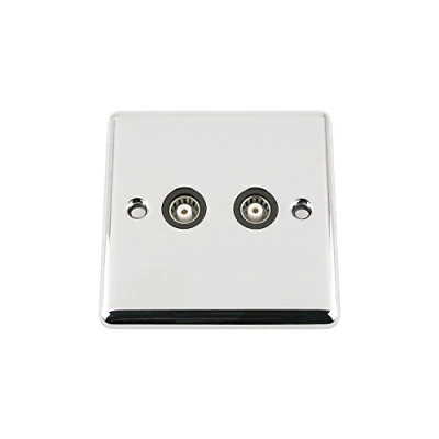 Image of TV Coaxial Aerial Socket Double 2 Gang Polished Chrome Classic Black Insert