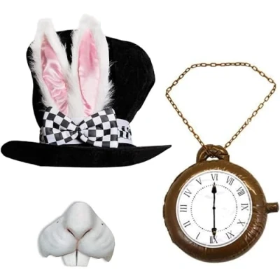Image of Adults Deluxe Rabbit Set Top Hat with Ears, White Nose, Jumbo Inflatable Clock World Book Day Week Fancy Dress Costume Accessory