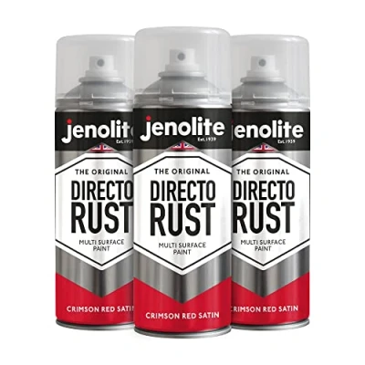 Image of JENOLITE Directorust Spray Paint Satin Finish CRIMSON RED 3 x 400ml Direct To Rust for Metal All In One Multi Surface Metal, Wood, Plastic, Ceramic RAL 3027