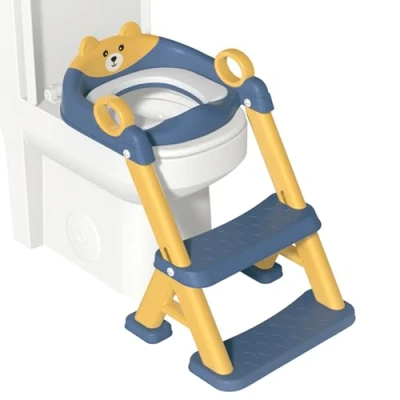 Image of Potty Training Toilet Seat, 2 in 1 Seat Adjustable Toddlers Trainer with Steps Non Slip Handle &amp; Soft Cushion Foldable Travel Toddler for Kids Boys Girls, Blue