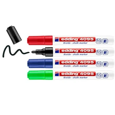 Image of edding 4095 chalk marker pen set black, red, blue, green 4 pens round nib 2 3 mm wet wipe for chalkboards, windows, glass, mirrors liquid opaque coverage