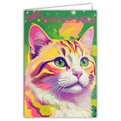 Image of AFIE 69 8106 Happy Birthday Card with Envelope 12 x 17.5 cm Cute Cat Kitten Illustration Real Fluorescent Inks Created and Made in France