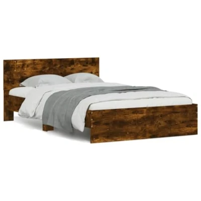 Image of vidaxl smoked oak bed frame with headboard/led light 140x190 cm engineered wood plywood slats/suitable for bedroom, features rgb led lights, usb connector, modern style, ideal sleep support