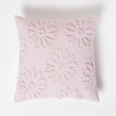 Image of HOMESCAPES Filled Tufted Cushion Covers 45 x cm, Pure Cotton Boho Throw Pillow Covers, Floral Lilac Flower Cushion, Luxury Decorative Cases for Sofa or Bedroom Insert Included