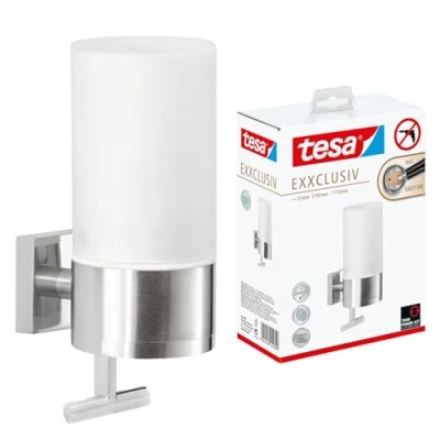 Image of tesa EXXCLUSIV Soap Dispenser 230 ml Self Adhesive Hand in White Frosted Glass Design with Pull Function Waterproof, incl. Power.Kit Solution 192mm x 73mm 115mm