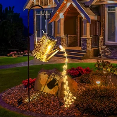 Image of Solar Watering Can Lights Garden Ornaments Outdoor Large Lantern Waterproof Copper Sculptures Ornament Star Led Fairy Art Decorative Lamp Hanging Yard (with Bracket)