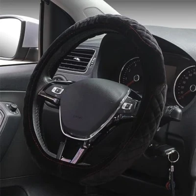 Image of HONCENMAX Plush Steering Wheel Cover Flat Bottom Car Protector D Cut Shaped Universal Diameter 38cm(15&quot;) Black