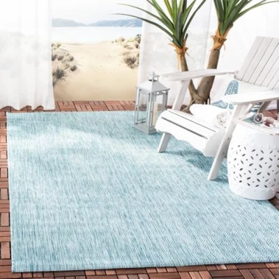 Image of SAFAVIEH Contemporary Rug for Indoor &amp; Outdoor Courtyard Collection, Short Pile, in Dark Aqua and Light color, 122 X 170 cm