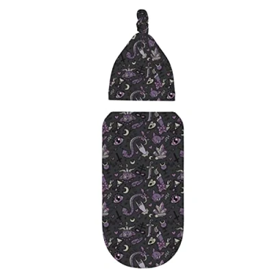 Image of XVBCDFG Purple Black Goth Spooky Newborn Swaddle Blankets Beanie Hat Sets Soft and Stretchy Baby Receiving Blanket Sack for Shower Infant Boy Girl Gift