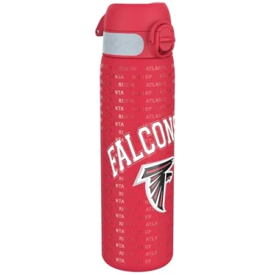Image of ION8 Steel Water Bottle, 600 ml/20 oz, Leak Proof, Easy to Open, Secure Lock, Dishwasher Safe, Flip Cover, Fits Cup Holders, Carry Handle, Durable, Metal Raised Print, NFL Falcons Design
