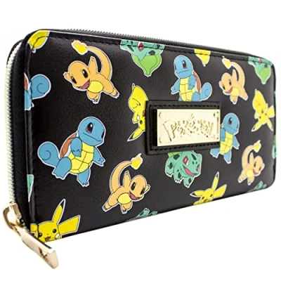 Image of Starters Squirtle and Bulbasaur with Pikachu Black Coin Card Clutch Purse, One Size