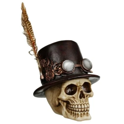 Image of Puckator Steampunk Style Skull with Top Hat and Feathers Home Decoration Skul Ornaments Resin Accessories Living Room Human Skeleton Goth Gifts For Men