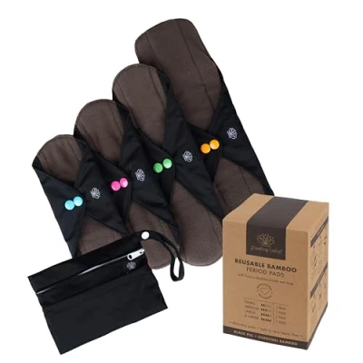 Image of FLOATING LOTUS Reusable Sanitary Pads Discovery Pack (4 Small/Medium/Large/XL: Light to Very Heavy Period Flow) Black Washable Bamboo Menstrual Starter Towels, inc Waterproof Bag