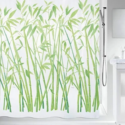 Image of Spirella Bambus Green Textile Polyester Shower Curtain, 180 x 200 cm, White/Green