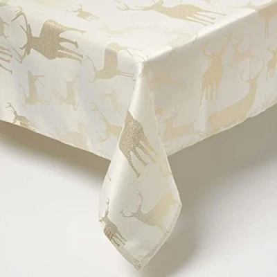 Image of HOMESCAPES Christmas Tablecloth, Rectangular Cotton Xmas Table Cloth, Handcrafted &amp; Durable Festive Dining Cover with Hem Stitch, Hypoallergenic, Washable, Sparkling Gold Stag 137x228cm