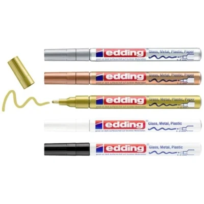 Image of edding 751 gloss paint marker set black, white, gold, silver, copper 5 markers round nib 1 2 mm pen for glass, pebbles, wood, plastic, paper waterproof, high coverage